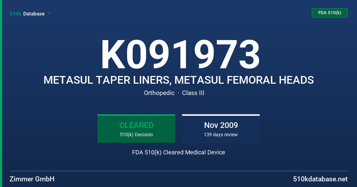 K091973 METASUL TAPER LINERS, METASUL FEMORAL HEADS FDA 510(k) Cleared Medical Device