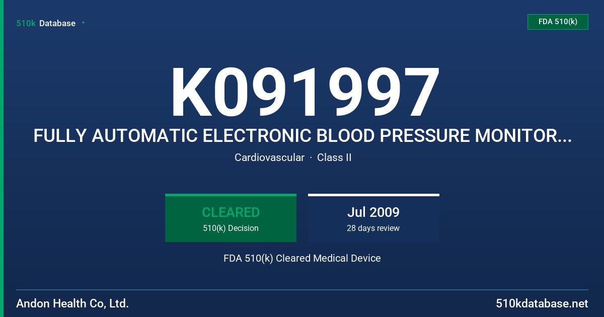 K091997 FULLY AUTOMATIC ELECTRONIC BLOOD PRESSURE MONITOR, MODEL KD-7962 FDA 510(k) Cleared Medical Device