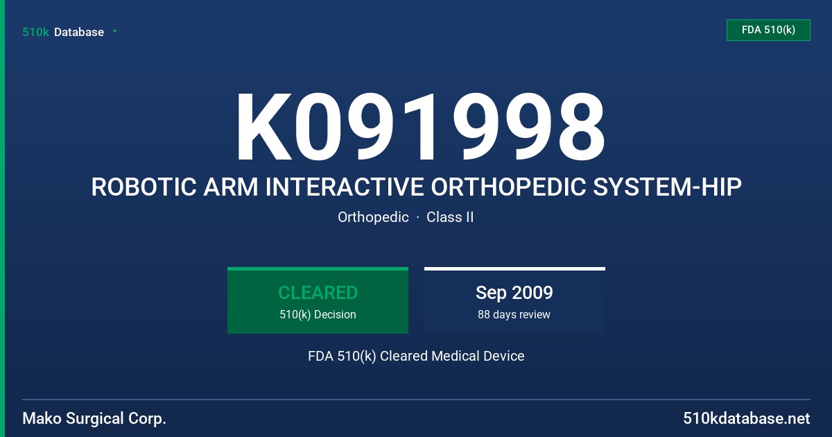 K091998 ROBOTIC ARM INTERACTIVE ORTHOPEDIC SYSTEM-HIP FDA 510(k) Cleared Medical Device