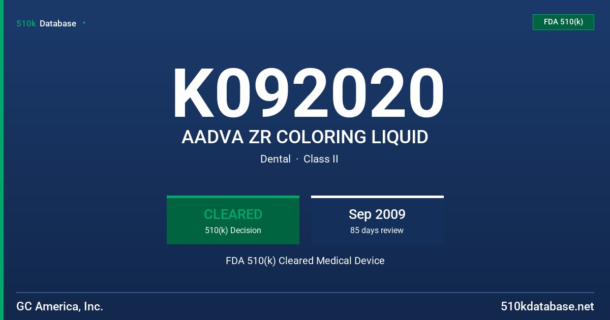 K092020 AADVA ZR COLORING LIQUID FDA 510(k) Cleared Medical Device
