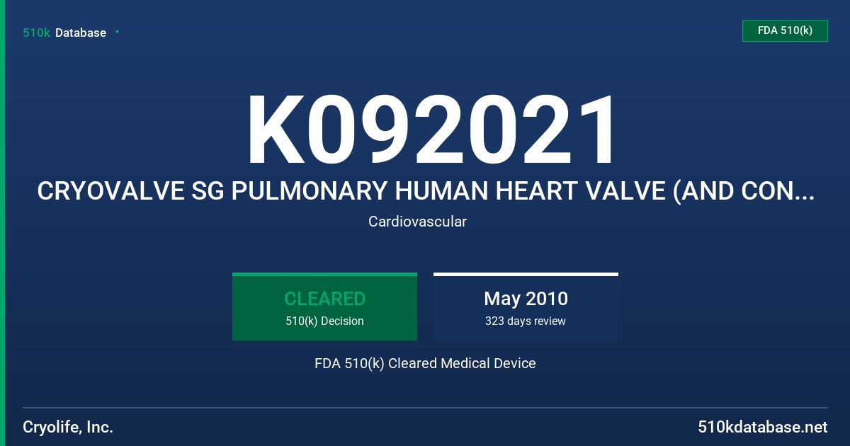 K092021 CRYOVALVE SG PULMONARY HUMAN HEART VALVE (AND CONDUIT) FDA 510(k) Cleared Medical Device