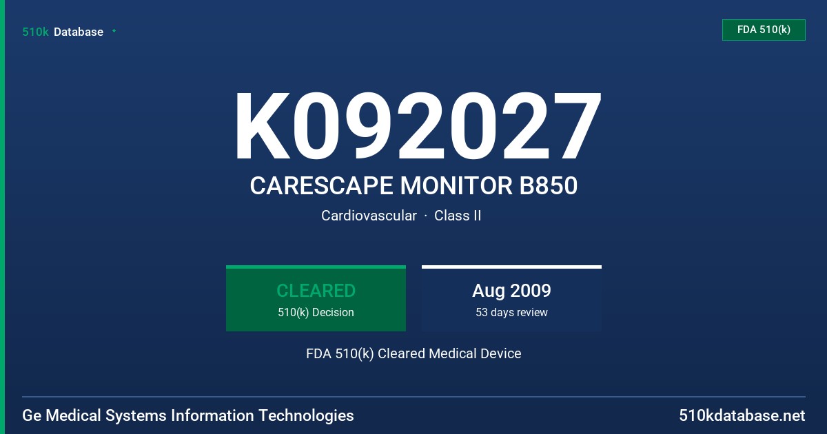 K092027 CARESCAPE MONITOR B850 FDA 510(k) Cleared Medical Device