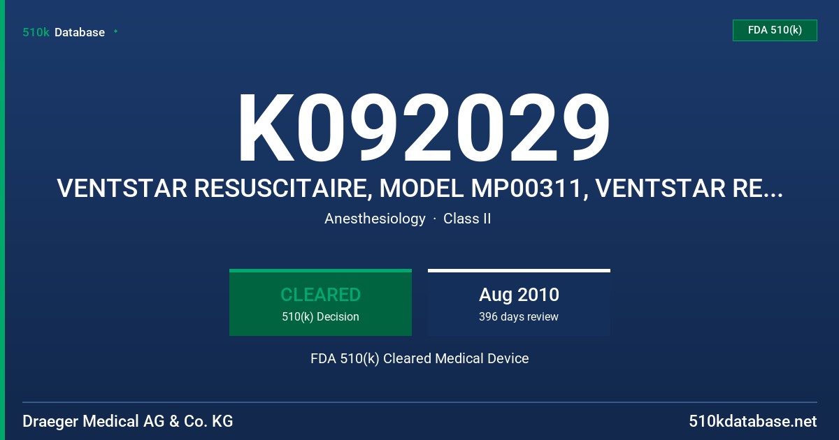 K092029 VENTSTAR RESUSCITAIRE, MODEL MP00311, VENTSTAR RESUSCITAIRE CEU, MODEL MP00310 FDA 510(k) Cleared Medical Device
