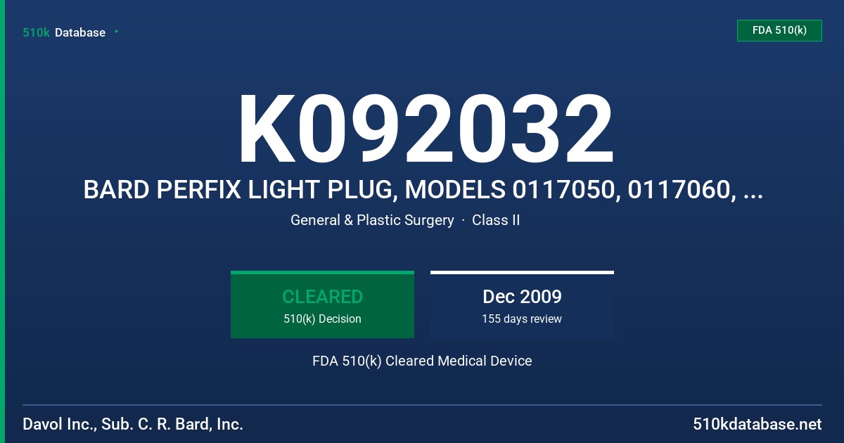 K092032 BARD PERFIX LIGHT PLUG, MODELS 0117050, 0117060, 0117070, 0117080, 0117150, 0117160 FDA 510(k) Cleared Medical Device