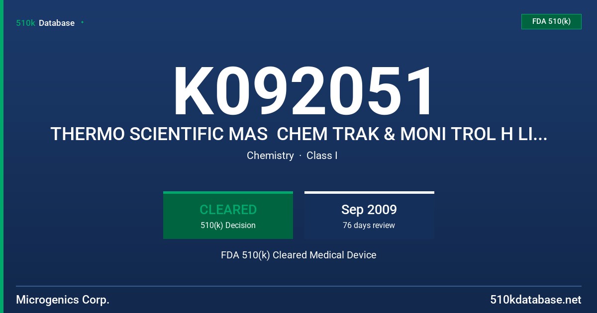 K092051 THERMO SCIENTIFIC MAS  CHEM TRAK & MONI TROL H LIQUID ASSAYED CHEMISTRY CONTROL, MODEL, CHA, CHU, M5155, M5158 FDA 510(k) Cleared Medical Device