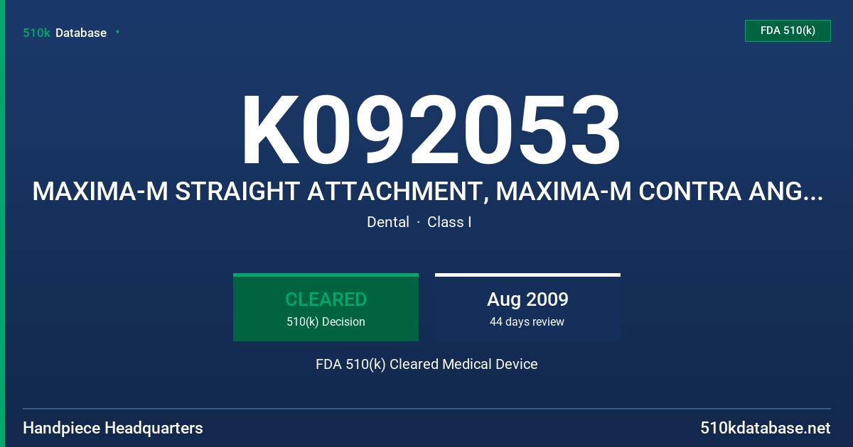 K092053 MAXIMA-M STRAIGHT ATTACHMENT, MAXIMA-M CONTRA ANGLE SHEATH FDA 510(k) Cleared Medical Device