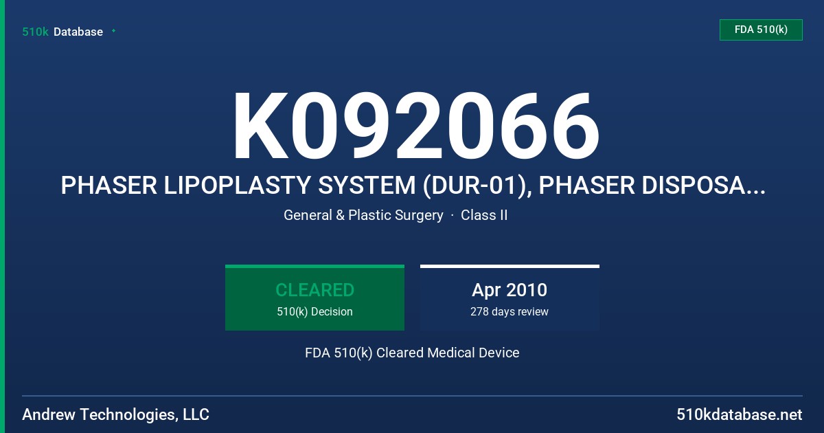 K092066 PHASER LIPOPLASTY SYSTEM (DUR-01), PHASER DISPOSABLE KIT (DIS-01), PHASER WASTE COLLECTION KIT (WAS-01), PHASER CANNULAE FDA 510(k) Cleared Medical Device