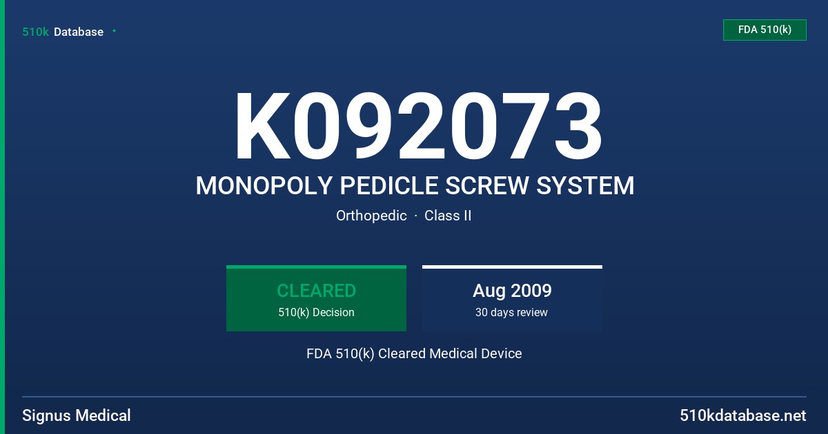 K092073 MONOPOLY PEDICLE SCREW SYSTEM FDA 510(k) Cleared Medical Device