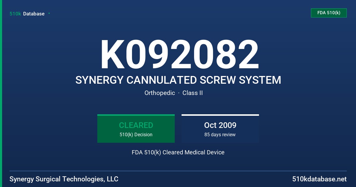 K092082 SYNERGY CANNULATED SCREW SYSTEM FDA 510(k) Cleared Medical Device