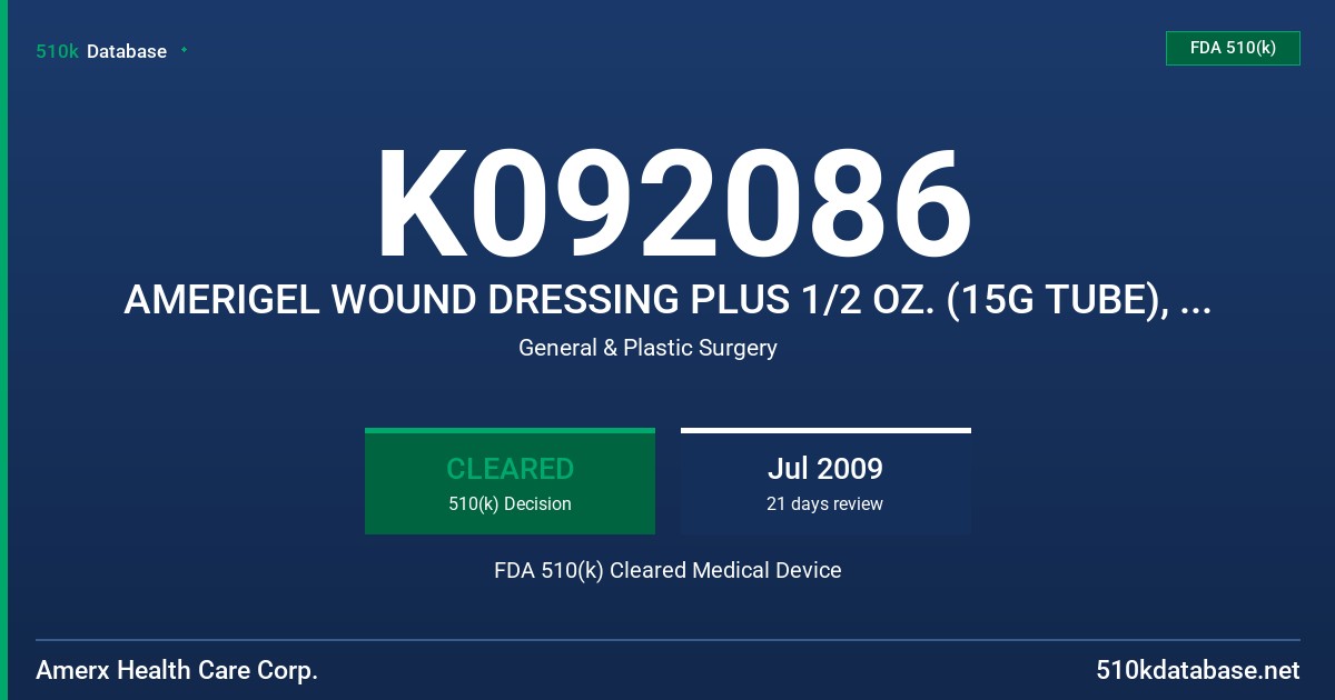 K092086 AMERIGEL WOUND DRESSING PLUS 1/2 OZ. (15G TUBE), MODEL A2025 FDA 510(k) Cleared Medical Device