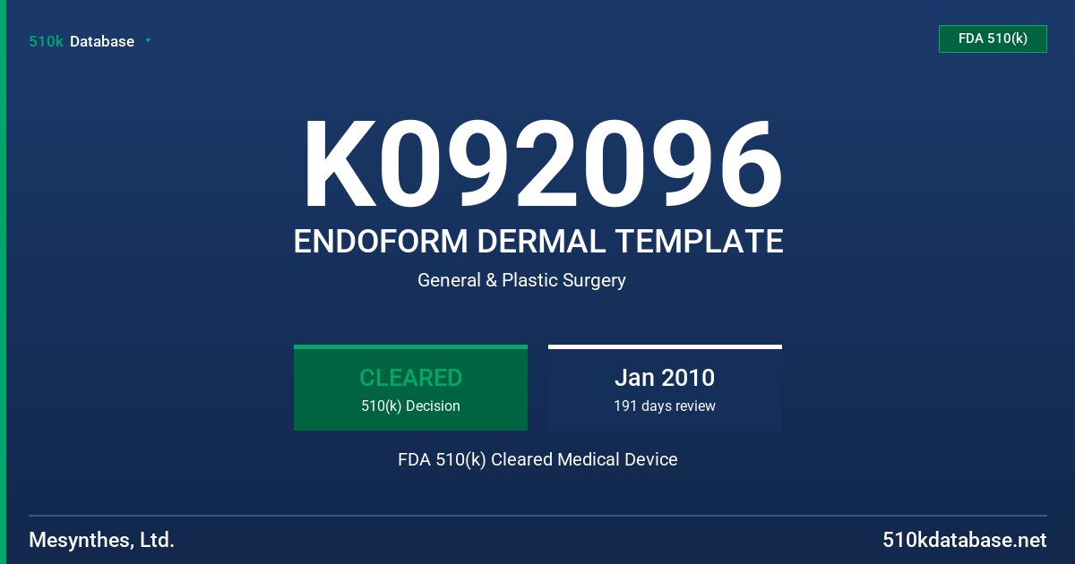 K092096 ENDOFORM DERMAL TEMPLATE FDA 510(k) Cleared Medical Device