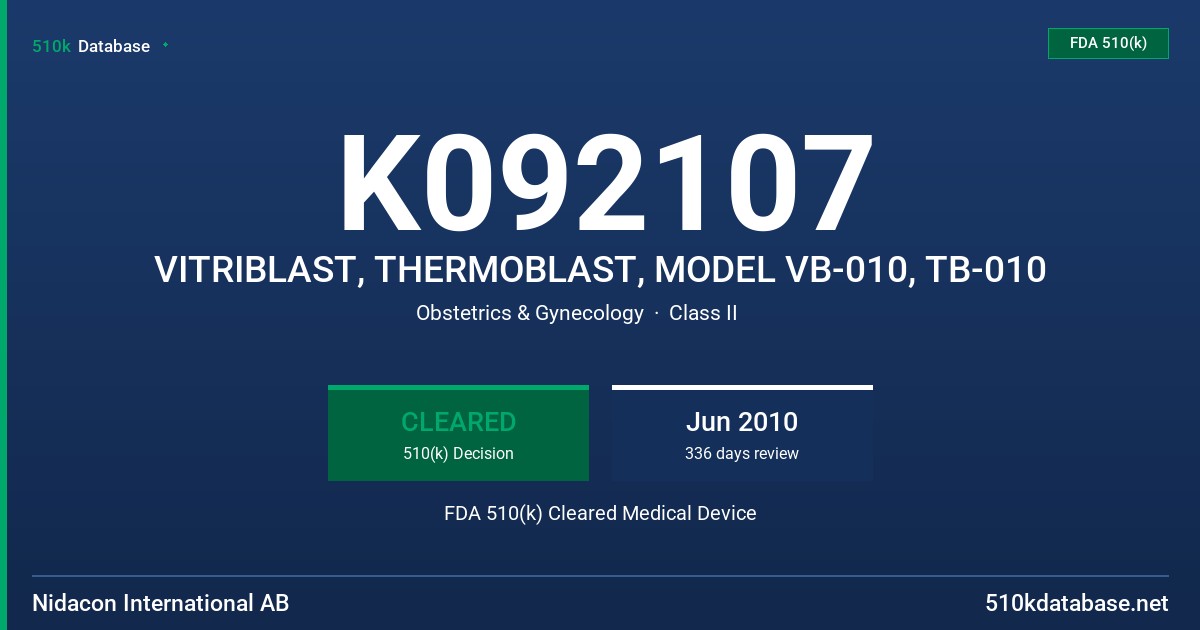 K092107 VITRIBLAST, THERMOBLAST, MODEL VB-010, TB-010 FDA 510(k) Cleared Medical Device