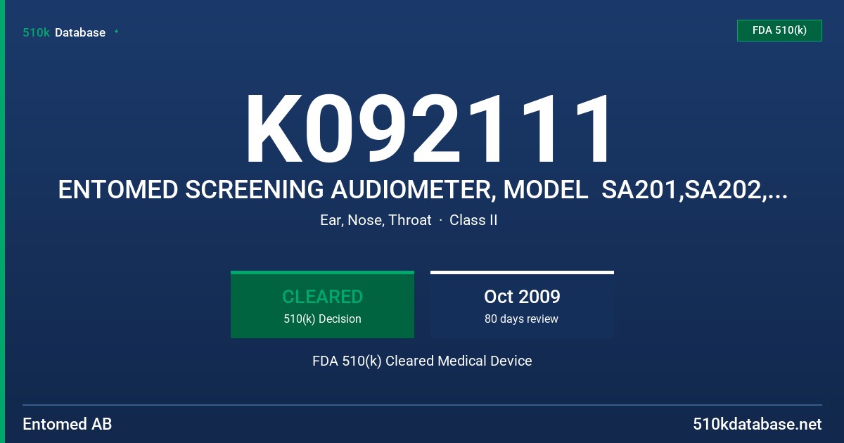 K092111 ENTOMED SCREENING AUDIOMETER, MODEL  SA201,SA202, ENTOMED DIAGNOSTIC AUDIOMETER MODEL SA203,SA204 FDA 510(k) Cleared Medical Device