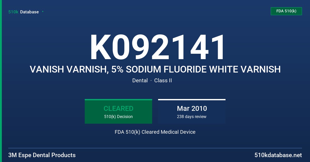 K092141 VANISH VARNISH, 5% SODIUM FLUORIDE WHITE VARNISH FDA 510(k) Cleared Medical Device