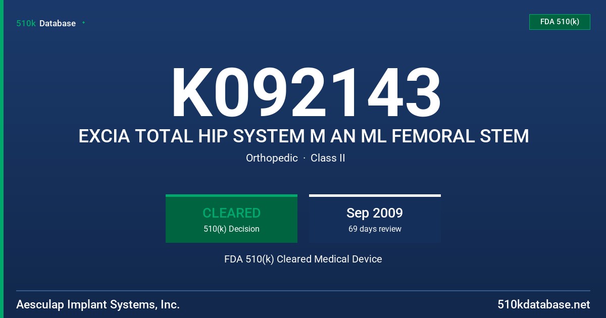 K092143 EXCIA TOTAL HIP SYSTEM M AN ML FEMORAL STEM FDA 510(k) Cleared Medical Device