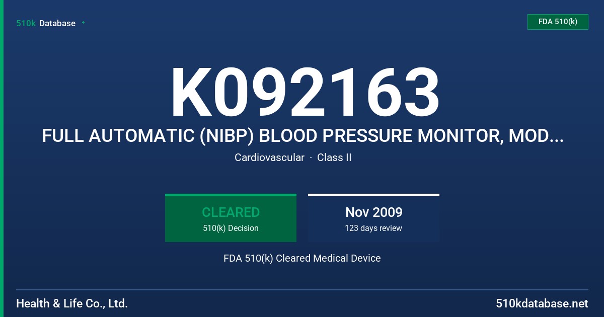K092163 FULL AUTOMATIC (NIBP) BLOOD PRESSURE MONITOR, MODEL HL168KB FDA 510(k) Cleared Medical Device