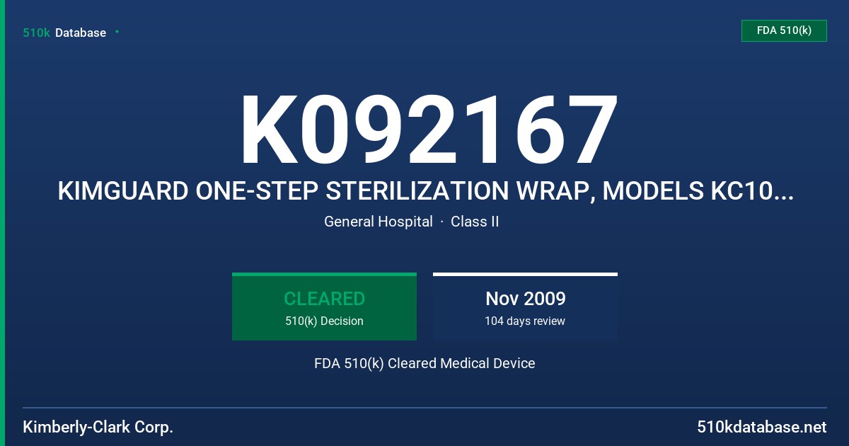K092167 KIMGUARD ONE-STEP STERILIZATION WRAP, MODELS KC100, KC200, KC300, KC400, KC500, KC600 FDA 510(k) Cleared Medical Device