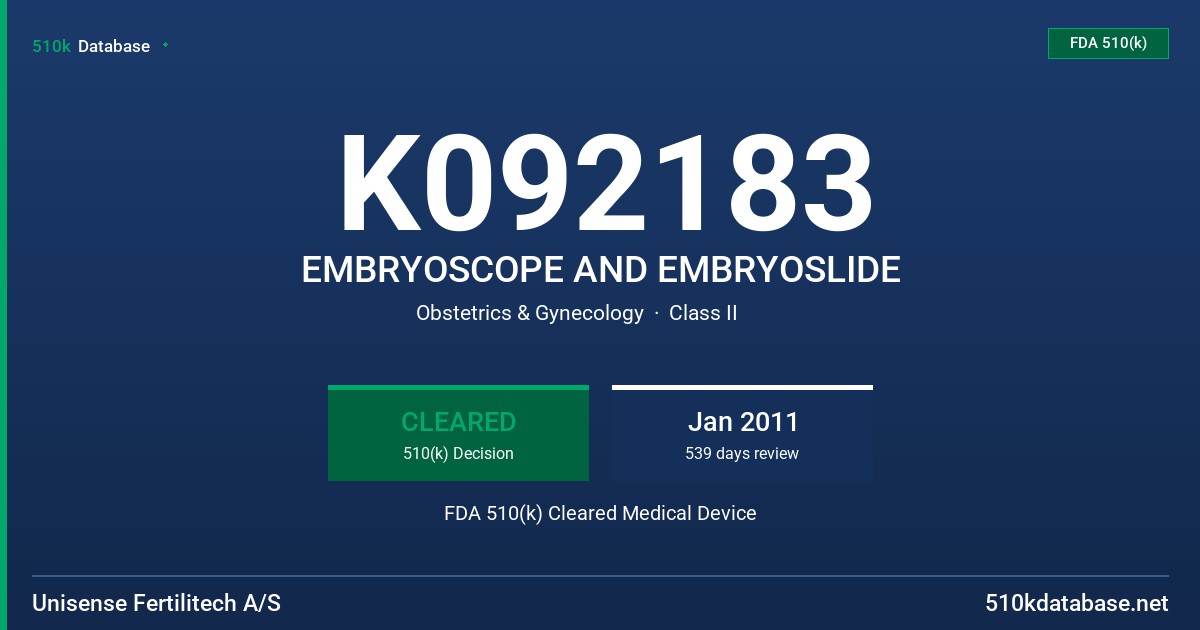 K092183 EMBRYOSCOPE AND EMBRYOSLIDE FDA 510(k) Cleared Medical Device