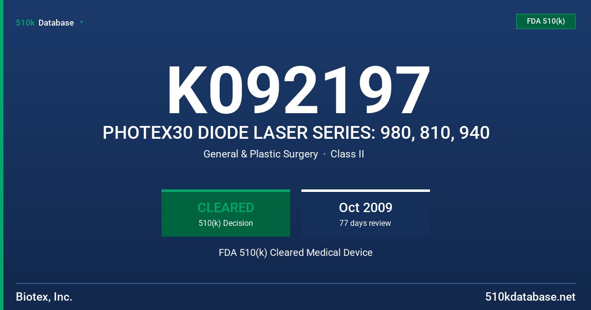K092197 PHOTEX30 DIODE LASER SERIES: 980, 810, 940 FDA 510(k) Cleared Medical Device