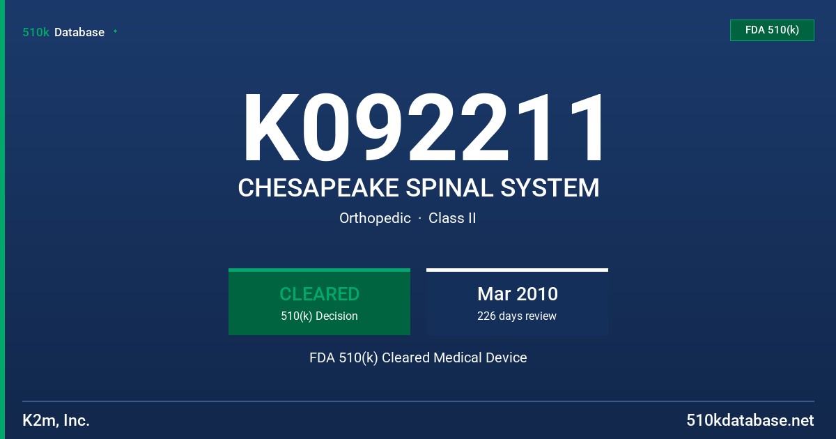 K092211 CHESAPEAKE SPINAL SYSTEM FDA 510(k) Cleared Medical Device
