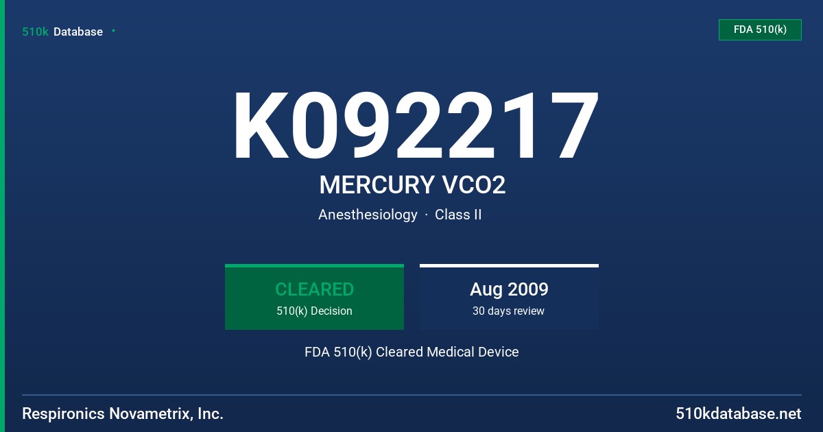 K092217 MERCURY VCO2 FDA 510(k) Cleared Medical Device
