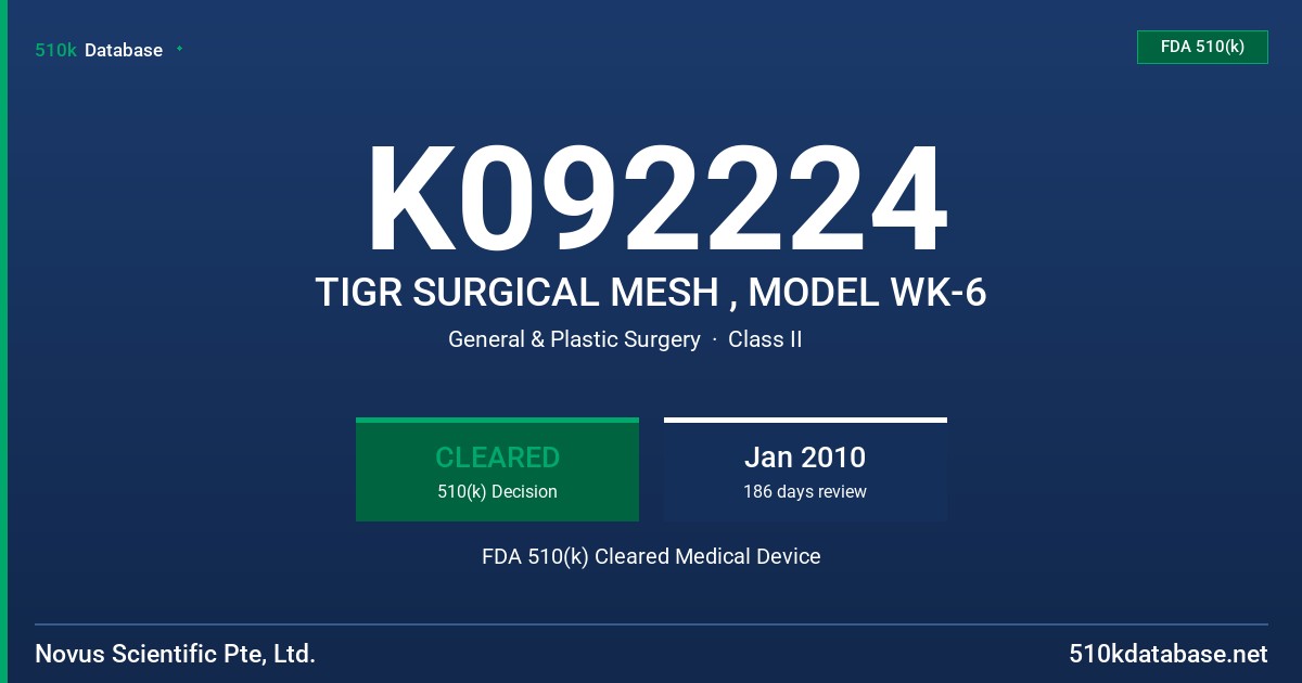 K092224 TIGR SURGICAL MESH , MODEL WK-6 FDA 510(k) Cleared Medical Device