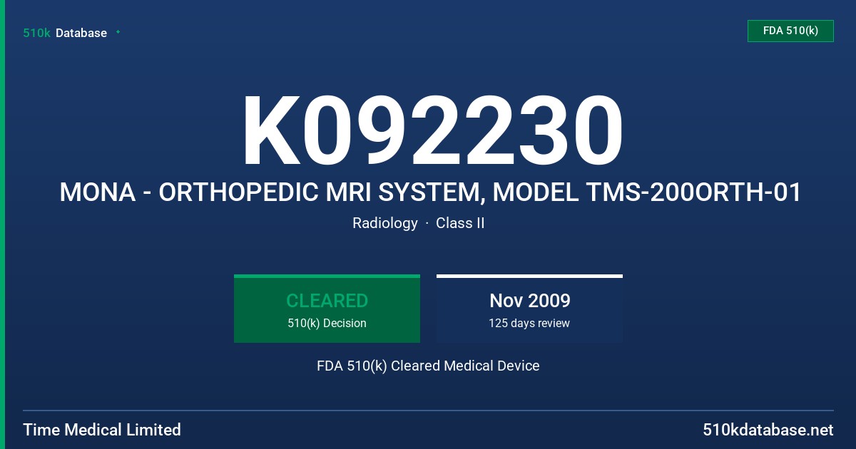 K092230 MONA - ORTHOPEDIC MRI SYSTEM, MODEL TMS-200ORTH-01 FDA 510(k) Cleared Medical Device