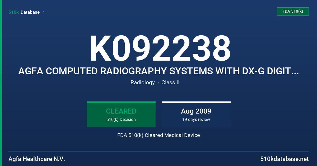 K092238 AGFA COMPUTED RADIOGRAPHY SYSTEMS WITH DX-G DIGITIZERS FDA 510(k) Cleared Medical Device