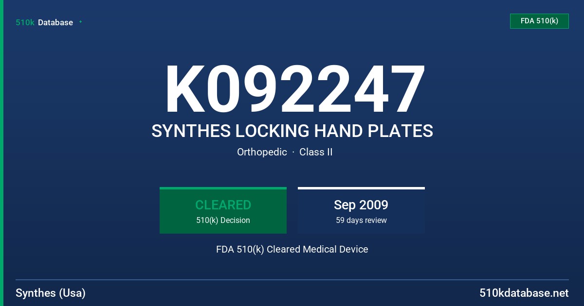 K092247 SYNTHES LOCKING HAND PLATES FDA 510(k) Cleared Medical Device
