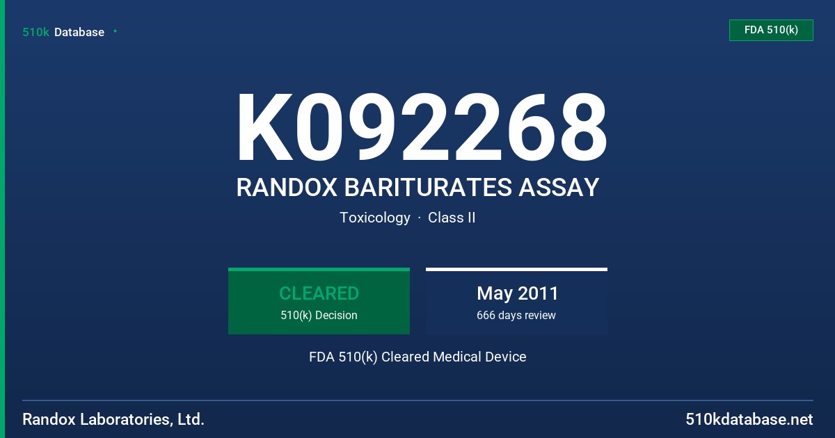K092268 RANDOX BARITURATES ASSAY FDA 510(k) Cleared Medical Device