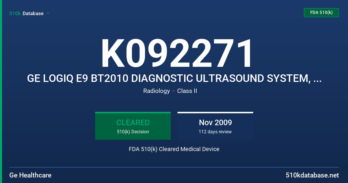 K092271 GE LOGIQ E9 BT2010 DIAGNOSTIC ULTRASOUND SYSTEM, MODEL 5205000-3, 5205000-4 FDA 510(k) Cleared Medical Device