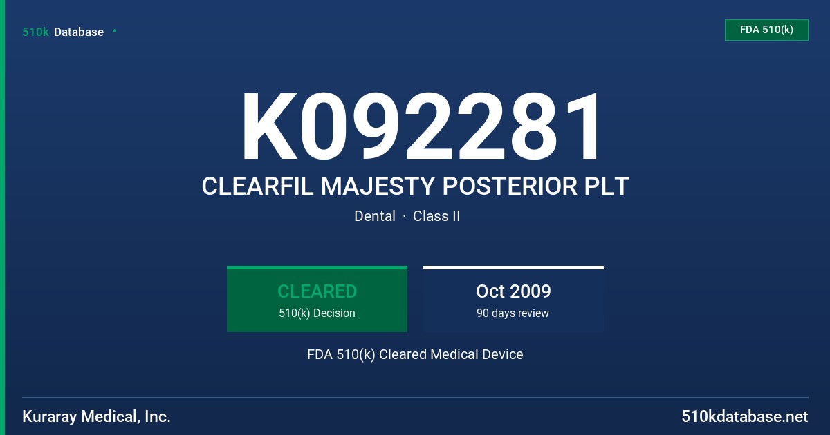 K092281 CLEARFIL MAJESTY POSTERIOR PLT FDA 510(k) Cleared Medical Device