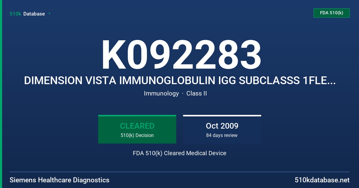 K092283 DIMENSION VISTA IMMUNOGLOBULIN IGG SUBCLASSS 1FLEX REAGENT CARTRIDGE, DIMENSION VISTA IMMUNOGLOBULIN IGG FDA 510(k) Cleared Medical Device