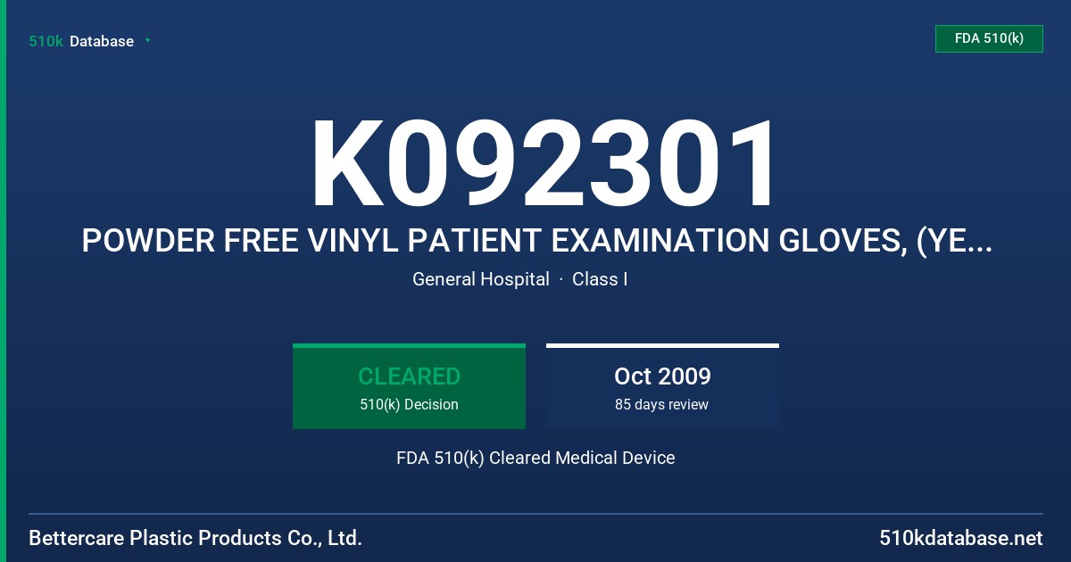 K092301 POWDER FREE VINYL PATIENT EXAMINATION GLOVES, (YELLOW, WHITE, BLUE, PINK) FDA 510(k) Cleared Medical Device