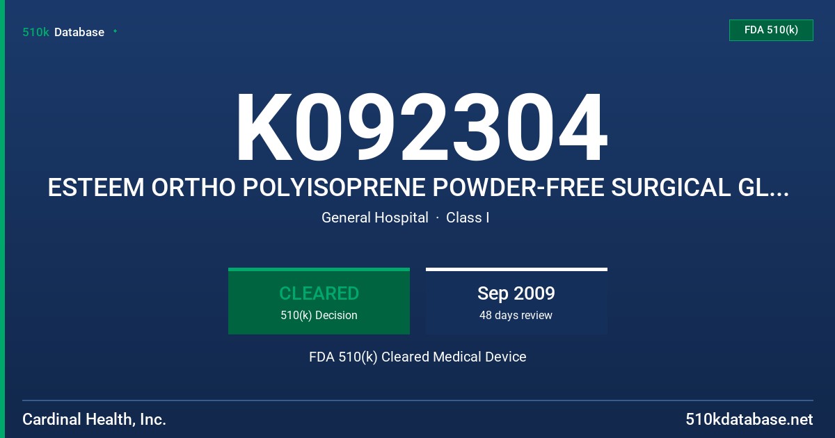 K092304 ESTEEM ORTHO POLYISOPRENE POWDER-FREE SURGICAL GLOVES FDA 510(k) Cleared Medical Device