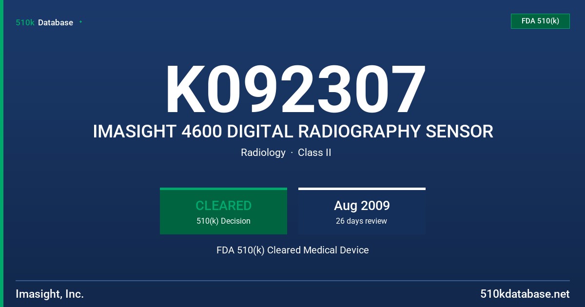 K092307 IMASIGHT 4600 DIGITAL RADIOGRAPHY SENSOR FDA 510(k) Cleared Medical Device