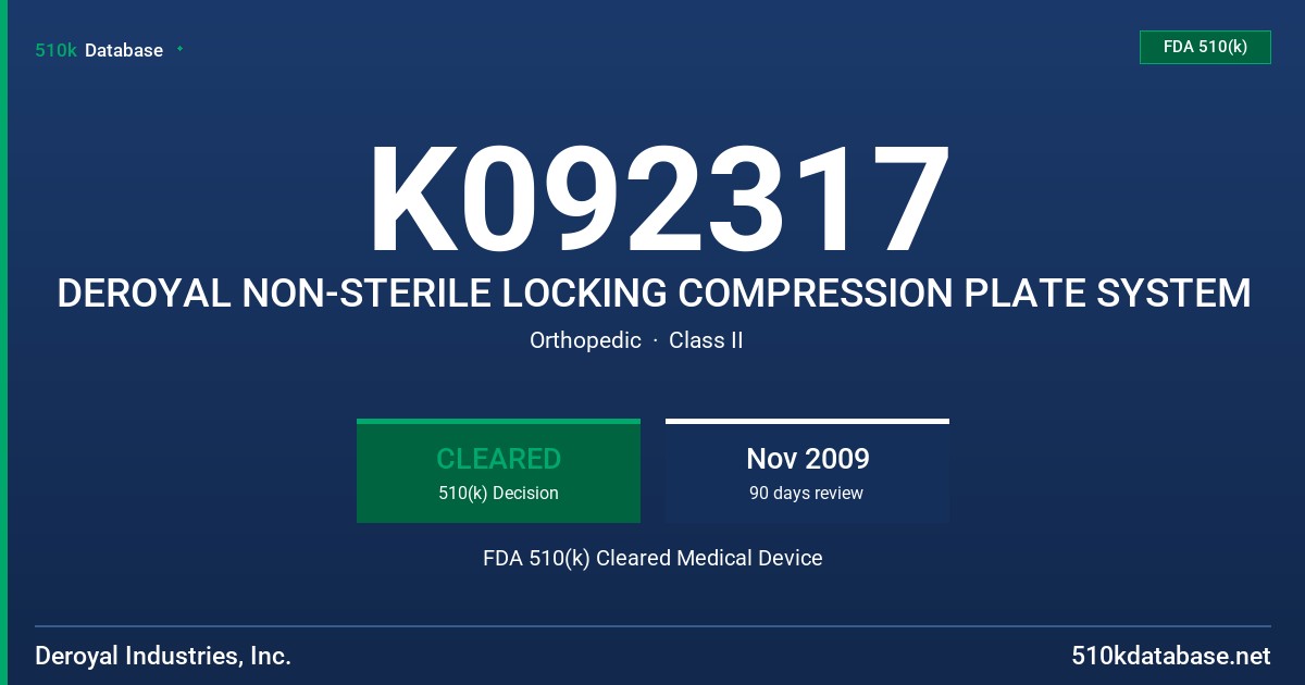 K092317 DEROYAL NON-STERILE LOCKING COMPRESSION PLATE SYSTEM FDA 510(k) Cleared Medical Device