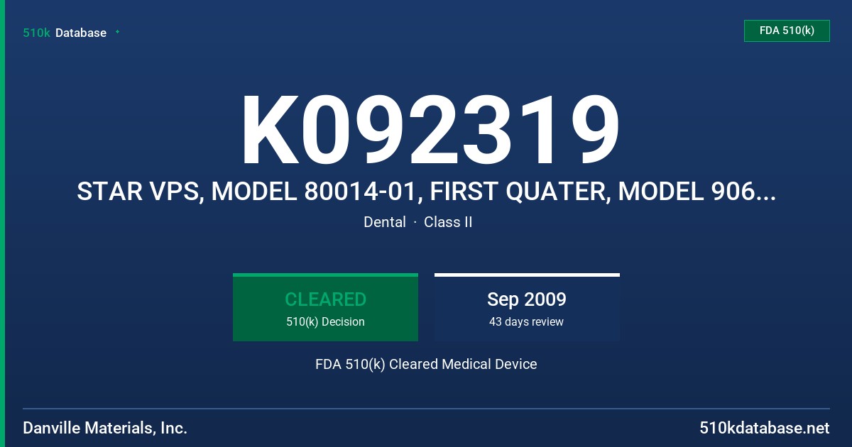 K092319 STAR VPS, MODEL 80014-01, FIRST QUATER, MODEL 90649, FIRST HALF, MODEL 89387 FDA 510(k) Cleared Medical Device