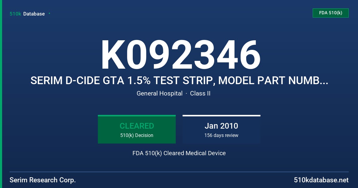 K092346 SERIM D-CIDE GTA 1.5% TEST STRIP, MODEL PART NUMBER 5171 FDA 510(k) Cleared Medical Device