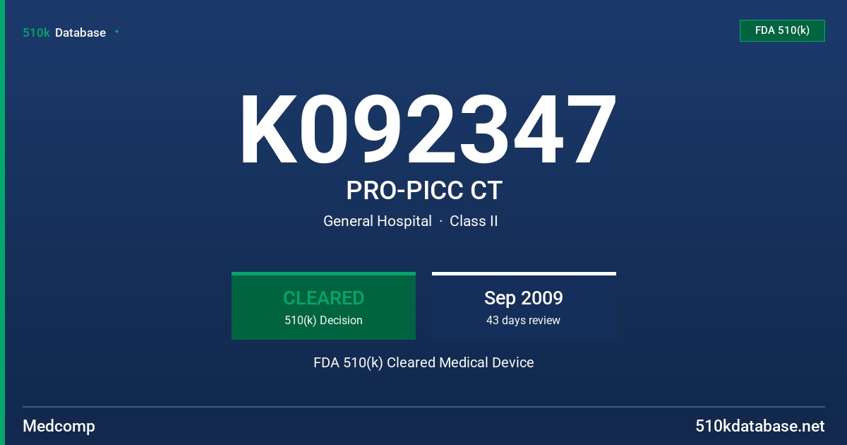 K092347 PRO-PICC CT FDA 510(k) Cleared Medical Device
