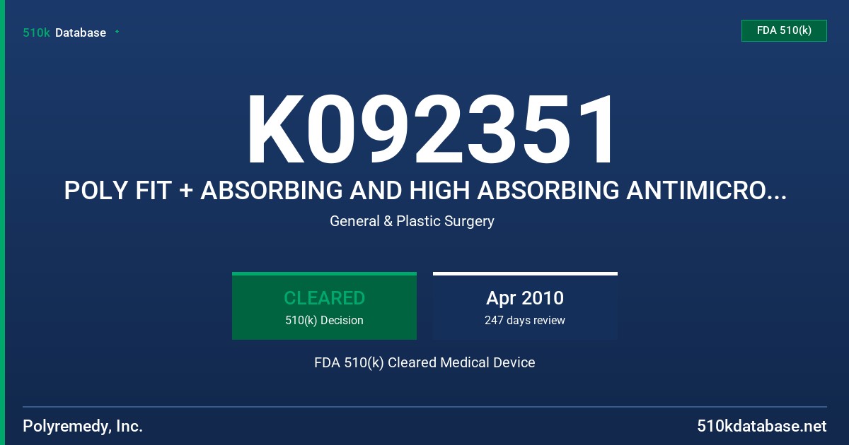 K092351 POLY FIT + ABSORBING AND HIGH ABSORBING ANTIMICROBIAL DRESSINGS FDA 510(k) Cleared Medical Device