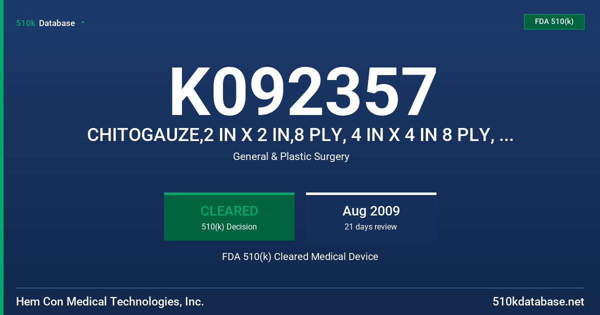 K092357 CHITOGAUZE,2 IN X 2 IN,8 PLY, 4 IN X 4 IN 8 PLY, 4 IN X 8 IN, 8PLY, 1 IN X 4 IN, 8PLY, CHITOGAUZE, PACKAGING STRIP, 1/2 FDA 510(k) Cleared Medical Device