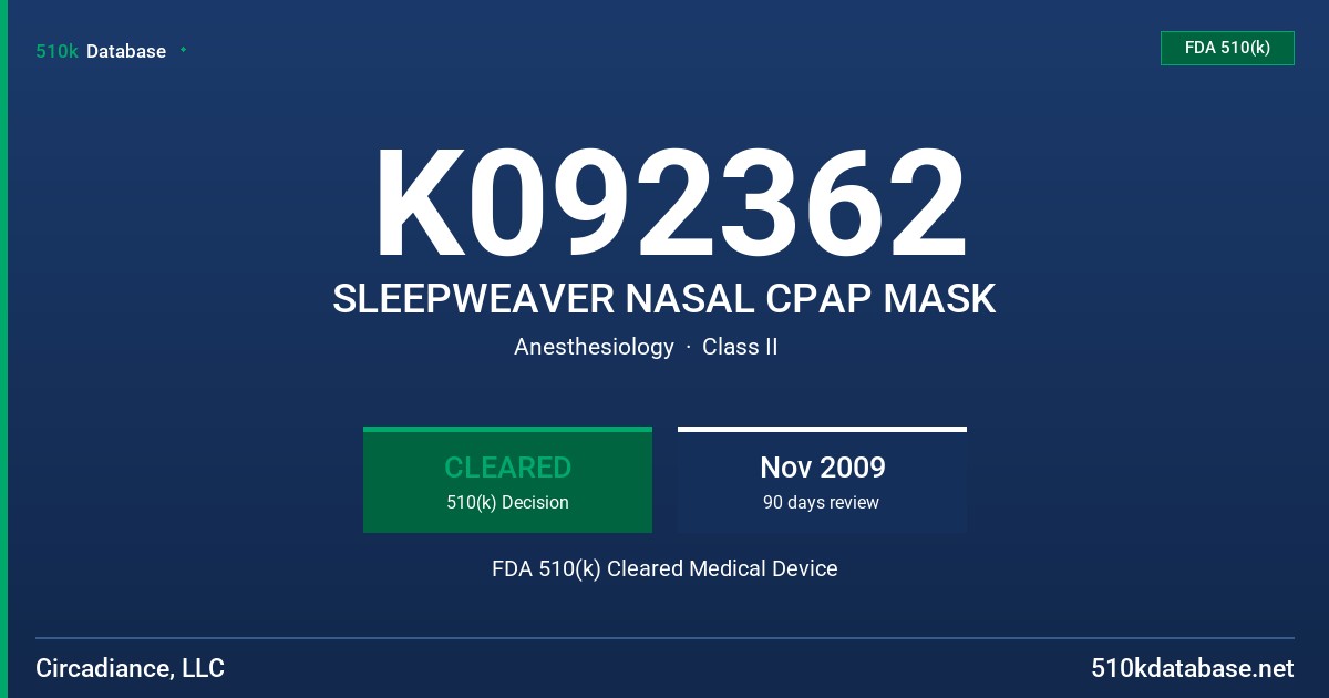 K092362 SLEEPWEAVER NASAL CPAP MASK FDA 510(k) Cleared Medical Device