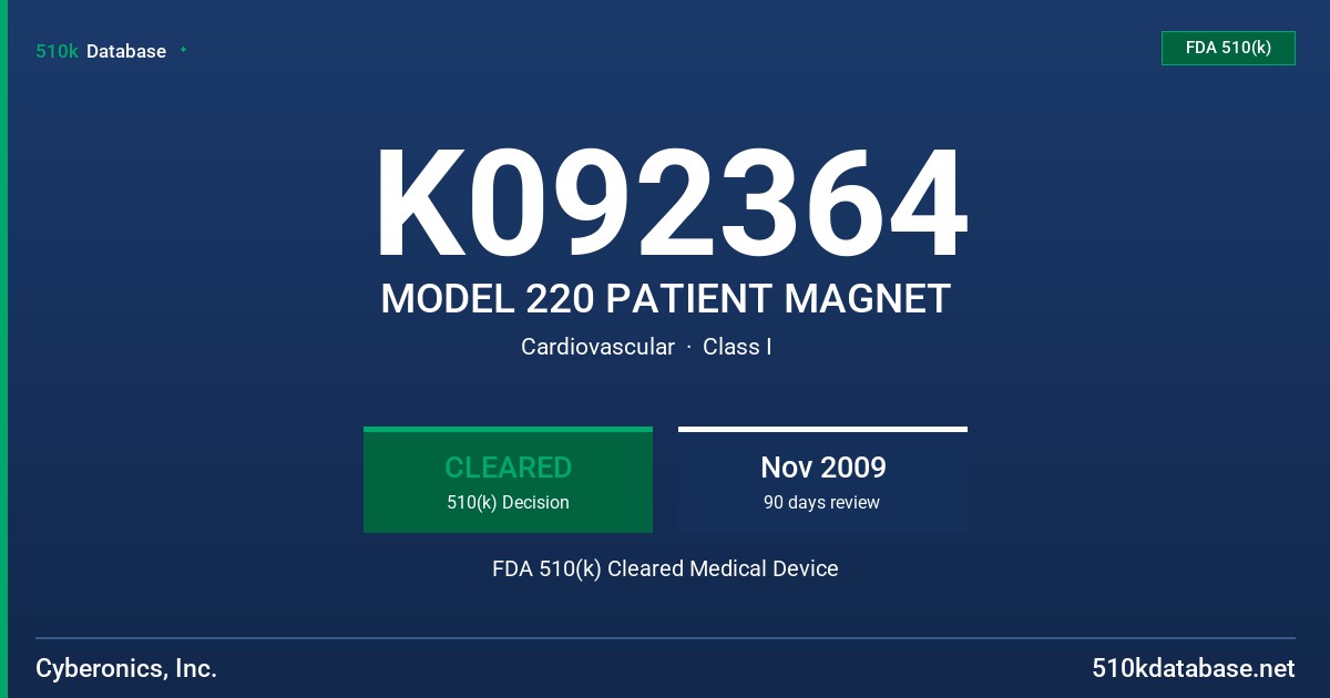 K092364 MODEL 220 PATIENT MAGNET FDA 510(k) Cleared Medical Device