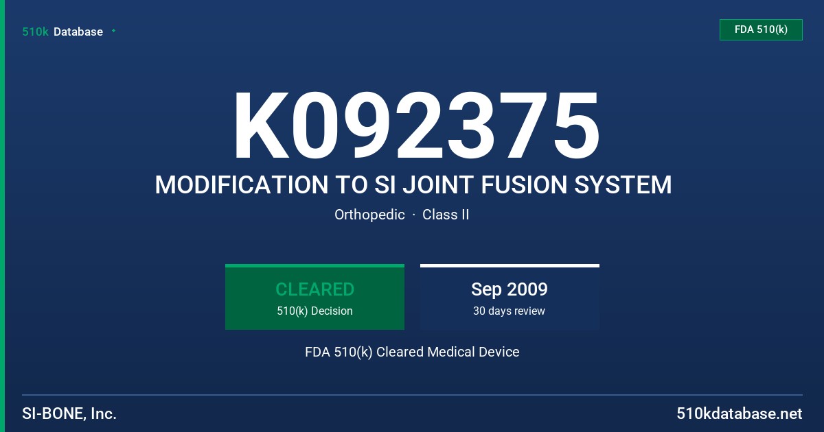K092375 MODIFICATION TO SI JOINT FUSION SYSTEM FDA 510(k) Cleared Medical Device