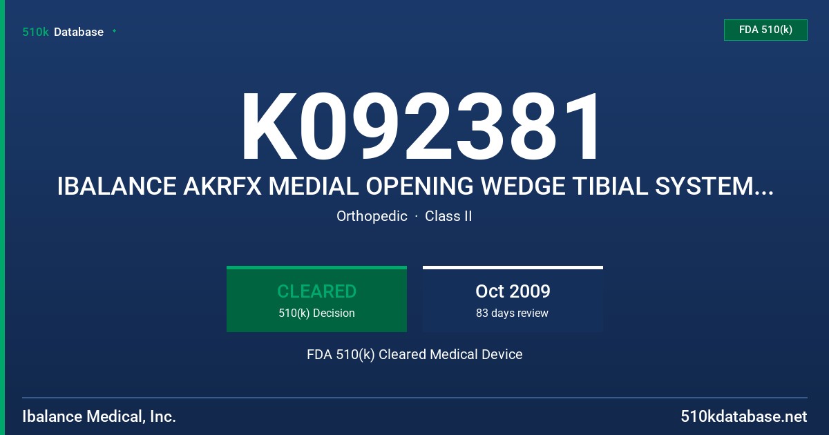 K092381 IBALANCE AKRFX MEDIAL OPENING WEDGE TIBIAL SYSTEM, IFX MEDIAL PEEK IMPLANT AND ANCHOR, AKRFX INSTRUMENTATION FDA 510(k) Cleared Medical Device