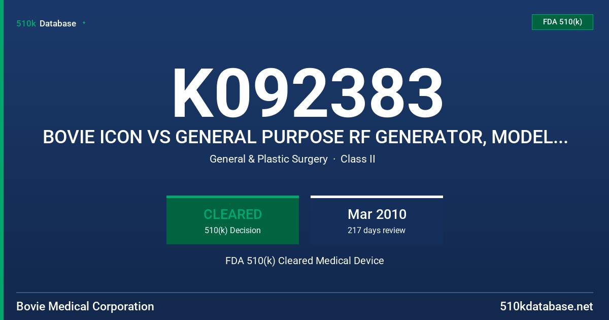 K092383 BOVIE ICON VS GENERAL PURPOSE RF GENERATOR, MODEL: VS300 FDA 510(k) Cleared Medical Device