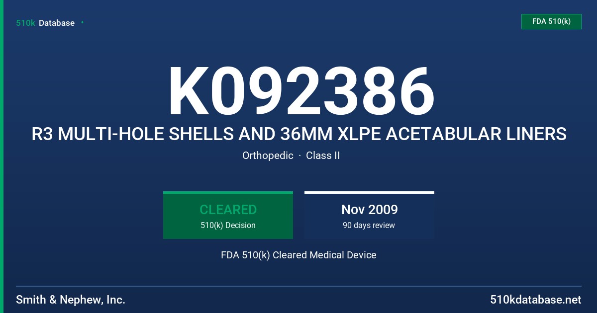 K092386 R3 MULTI-HOLE SHELLS AND 36MM XLPE ACETABULAR LINERS FDA 510(k) Cleared Medical Device