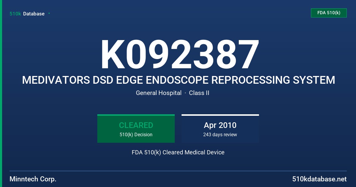 K092387 MEDIVATORS DSD EDGE ENDOSCOPE REPROCESSING SYSTEM FDA 510(k) Cleared Medical Device