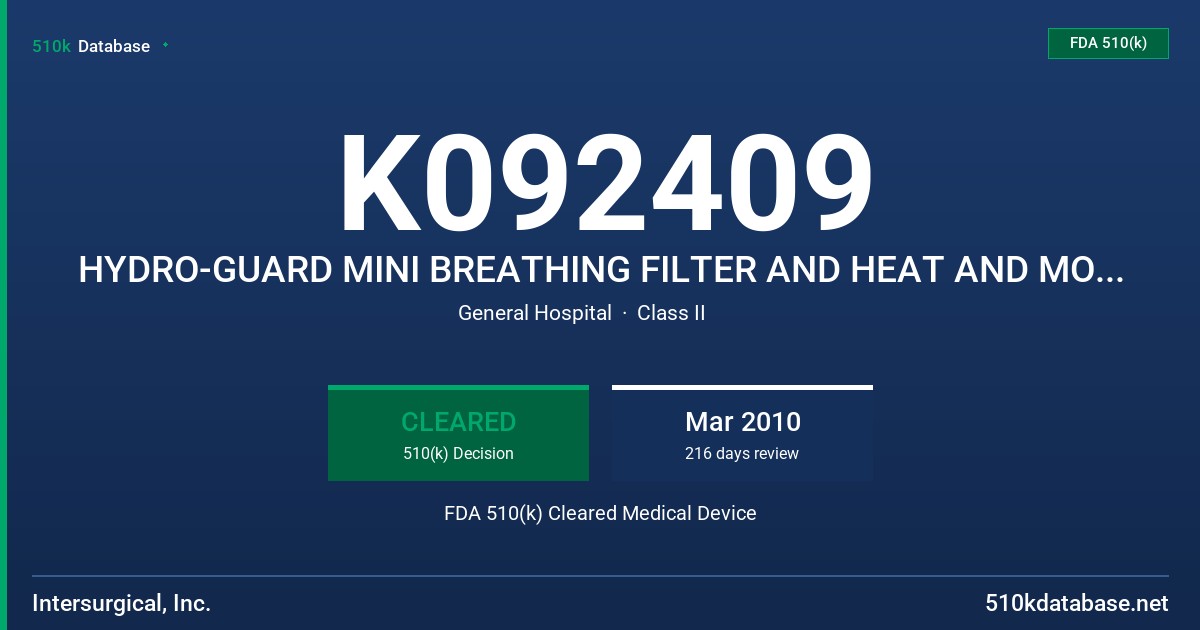 K092409 HYDRO-GUARD MINI BREATHING FILTER AND HEAT AND MOISTURE EXCHANGER AND AIR-GUARD CLEAR BREATHING FILTER FDA 510(k) Cleared Medical Device
